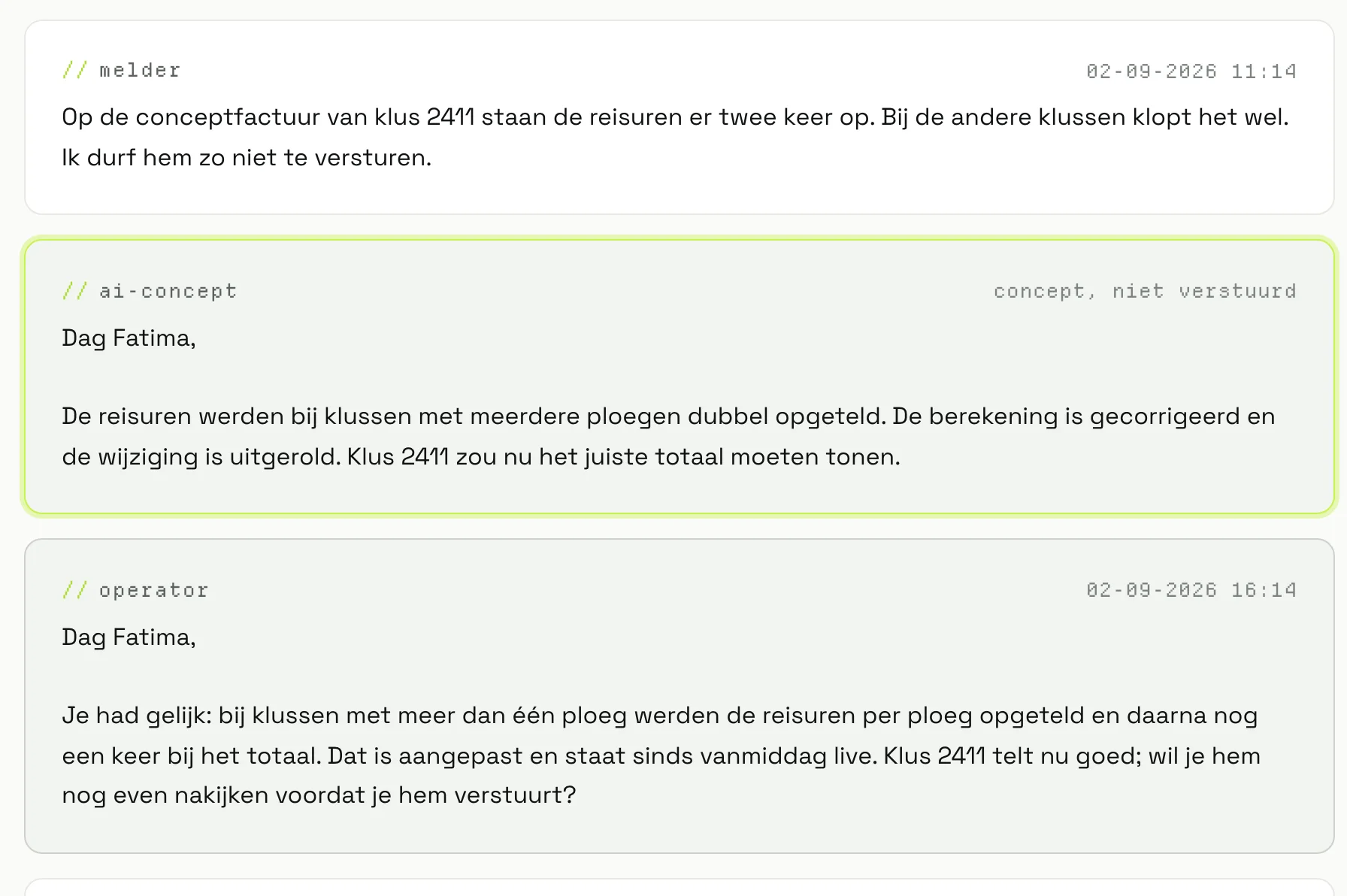 Een melding in de Support Hub met het concept van de triage en het verstuurde antwoord